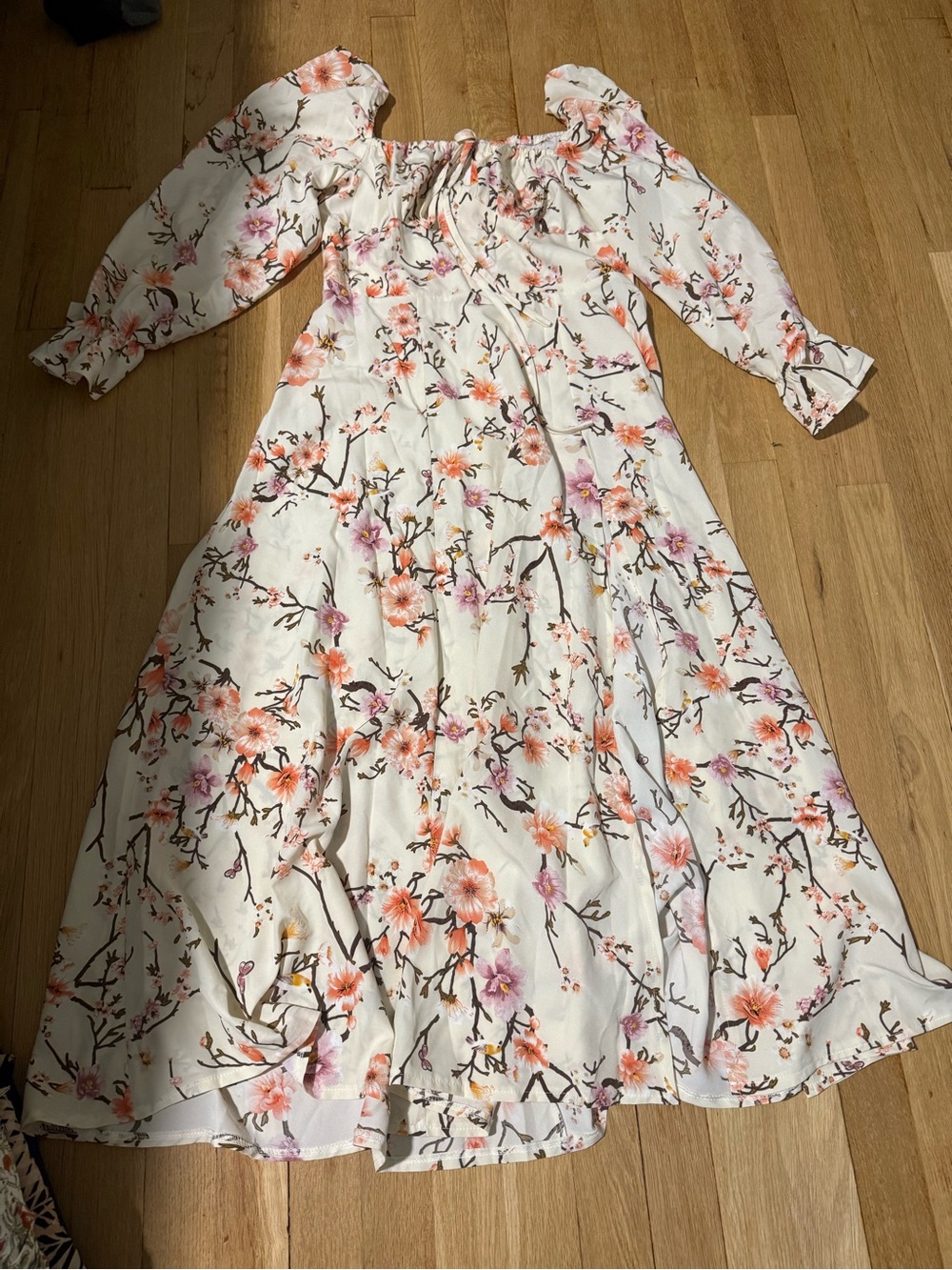 SHEIN Cream Floral Off-Shoulder Maxi Dress with Pink Blossoms